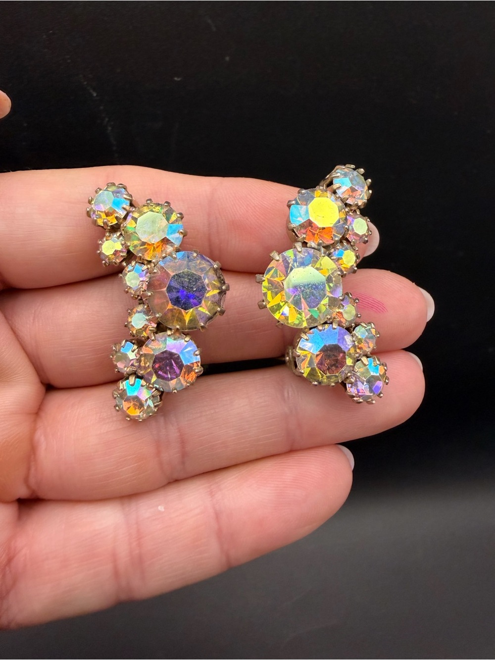 Vintage Signed KRAMER Aurora Borealis Rhinestone Climber Clip Earrings MCM